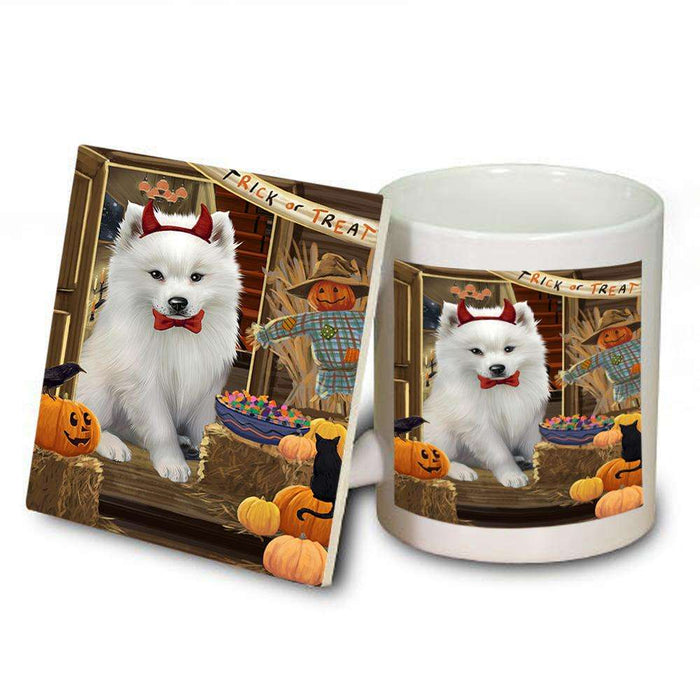 Enter at Own Risk Trick or Treat Halloween American Eskimo Dog Mug and Coaster Set MUC52934