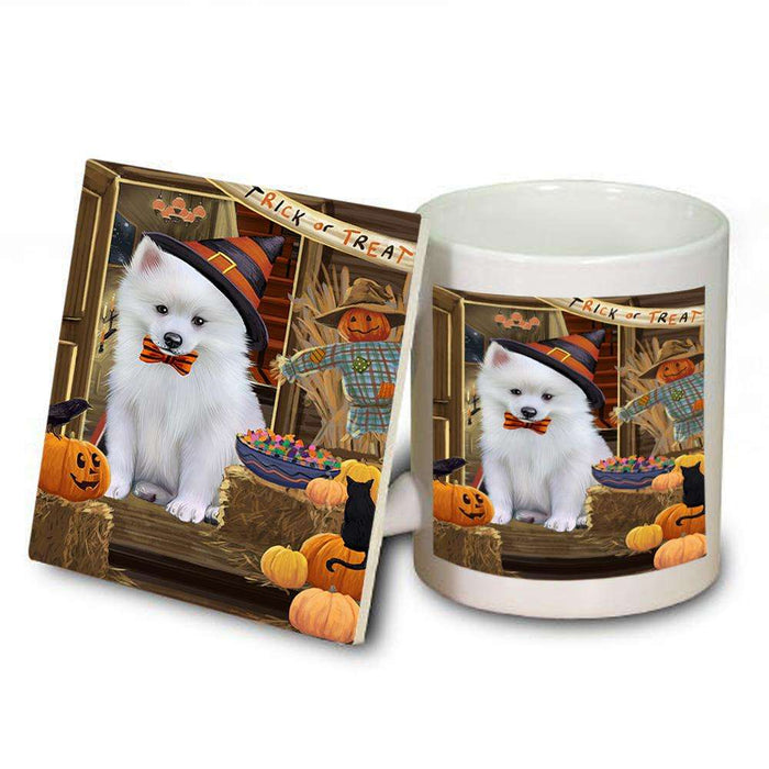 Enter at Own Risk Trick or Treat Halloween American Eskimo Dog Mug and Coaster Set MUC52935