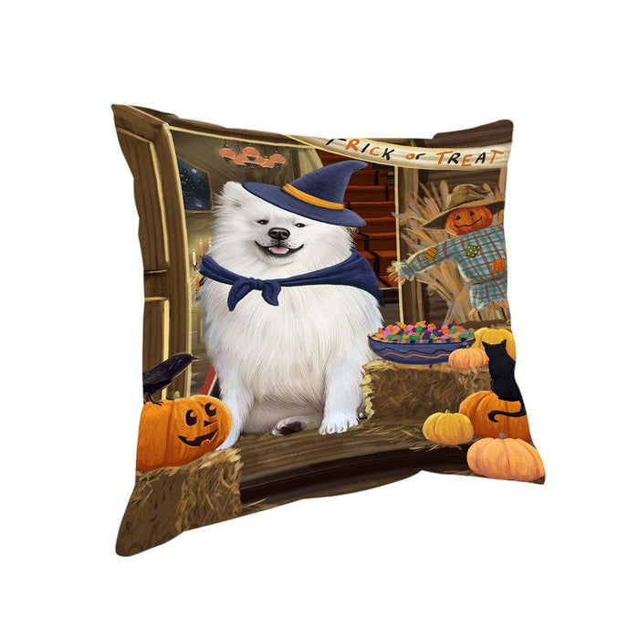 Enter at Own Risk Trick or Treat Halloween American Eskimo Dog Pillow PIL68264