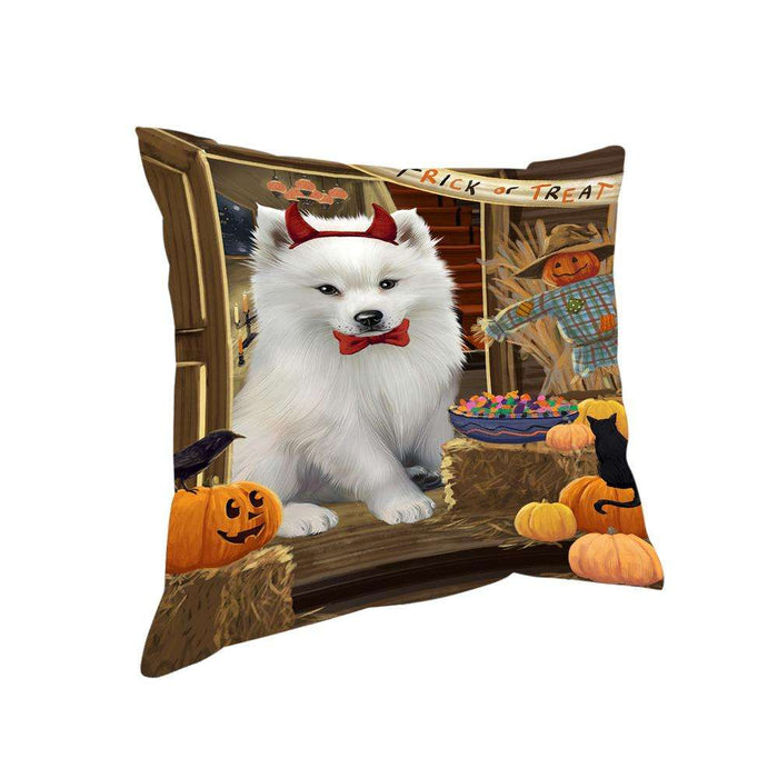 Enter at Own Risk Trick or Treat Halloween American Eskimo Dog Pillow PIL68276