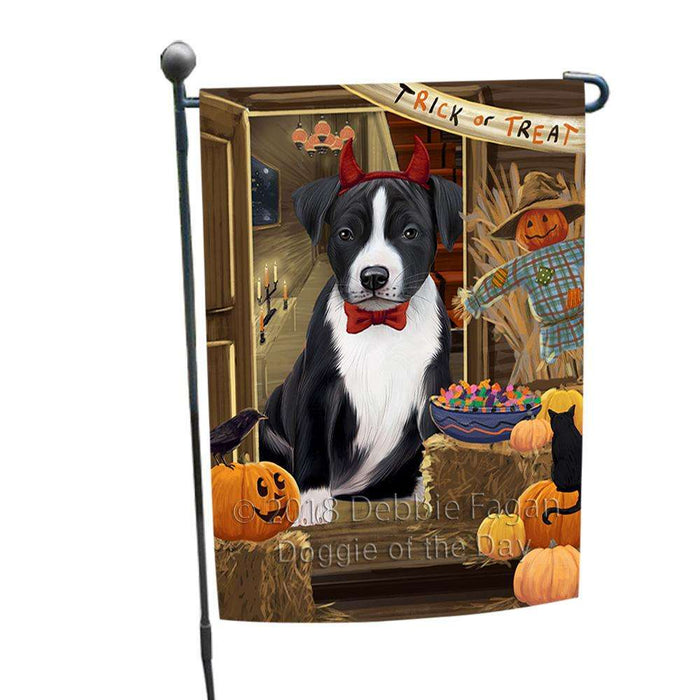 Enter at Own Risk Trick or Treat Halloween American Staffordshire Terrier Dog Garden Flag GFLG53009