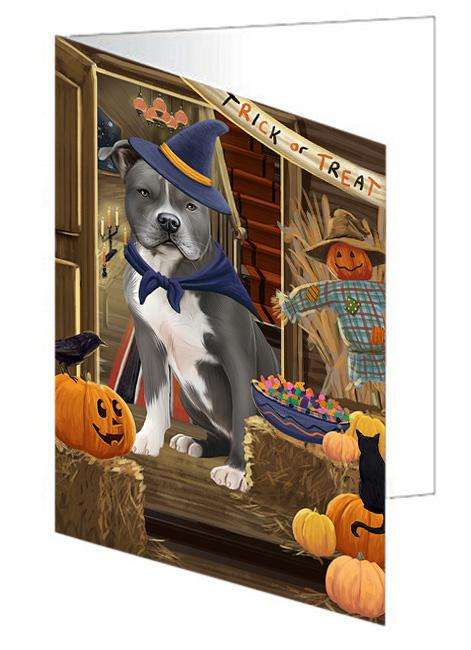 Enter at Own Risk Trick or Treat Halloween American Staffordshire Terrier Dog Handmade Artwork Assorted Pets Greeting Cards and Note Cards with Envelopes for All Occasions and Holiday Seasons GCD62861