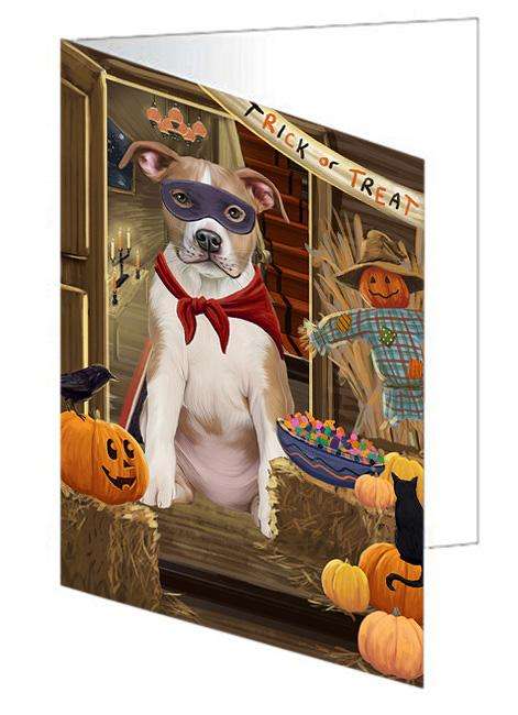 Enter at Own Risk Trick or Treat Halloween American Staffordshire Terrier Dog Handmade Artwork Assorted Pets Greeting Cards and Note Cards with Envelopes for All Occasions and Holiday Seasons GCD62864