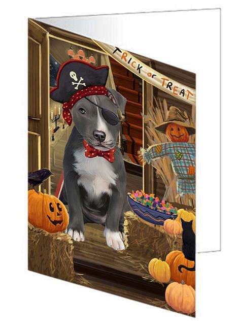 Enter at Own Risk Trick or Treat Halloween American Staffordshire Terrier Dog Handmade Artwork Assorted Pets Greeting Cards and Note Cards with Envelopes for All Occasions and Holiday Seasons GCD62867