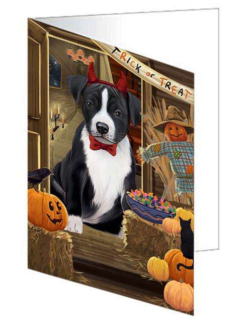 Enter at Own Risk Trick or Treat Halloween American Staffordshire Terrier Dog Handmade Artwork Assorted Pets Greeting Cards and Note Cards with Envelopes for All Occasions and Holiday Seasons GCD62870