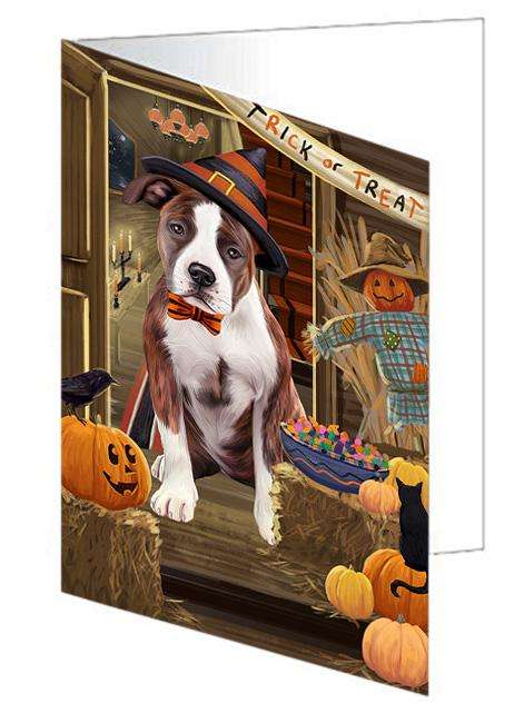 Enter at Own Risk Trick or Treat Halloween American Staffordshire Terrier Dog Handmade Artwork Assorted Pets Greeting Cards and Note Cards with Envelopes for All Occasions and Holiday Seasons GCD62873