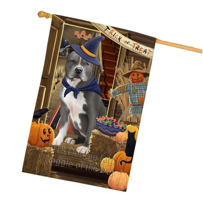 Enter at Own Risk Trick or Treat Halloween American Staffordshire Terrier Dog House Flag FLG53142