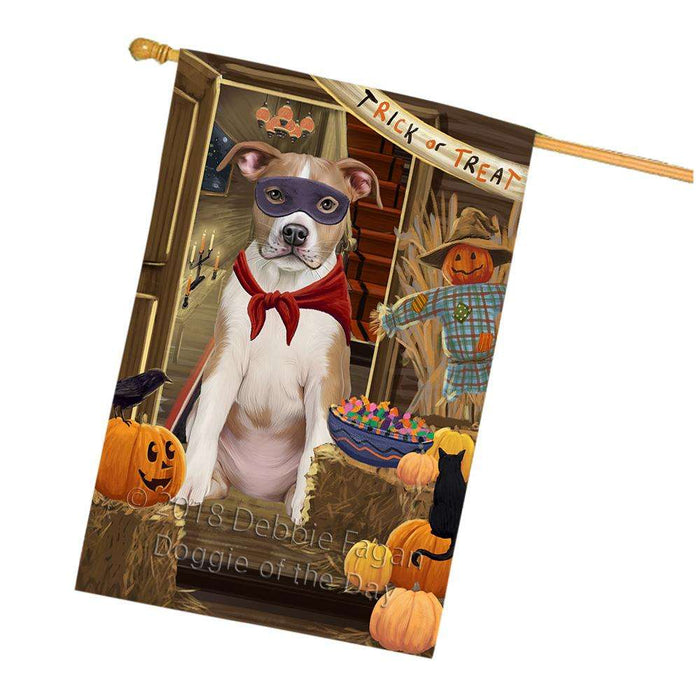 Enter at Own Risk Trick or Treat Halloween American Staffordshire Terrier Dog House Flag FLG53143