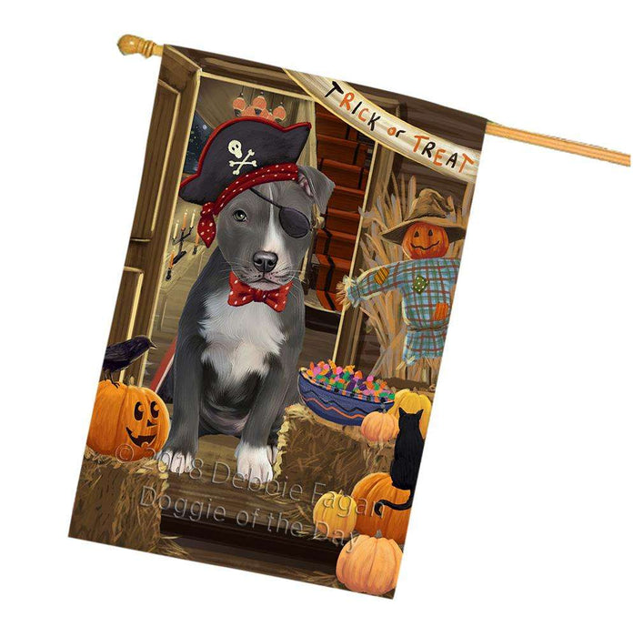 Enter at Own Risk Trick or Treat Halloween American Staffordshire Terrier Dog House Flag FLG53144