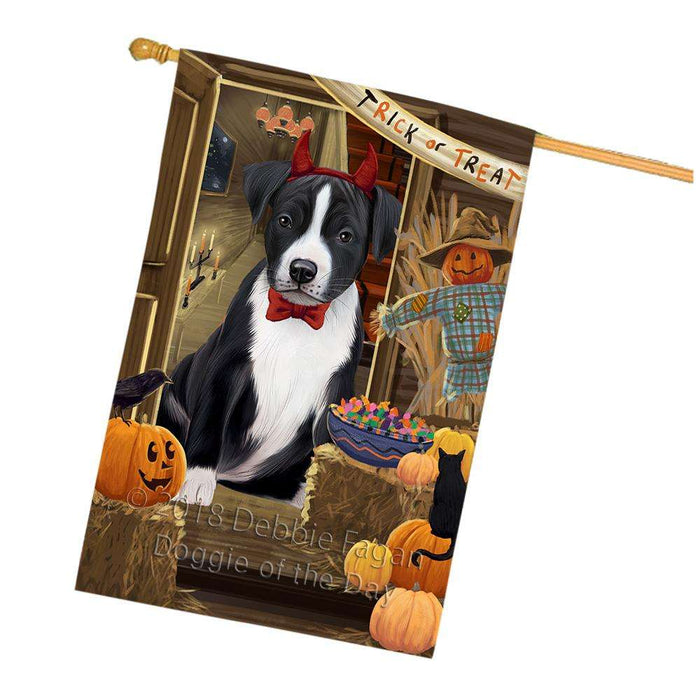 Enter at Own Risk Trick or Treat Halloween American Staffordshire Terrier Dog House Flag FLG53145