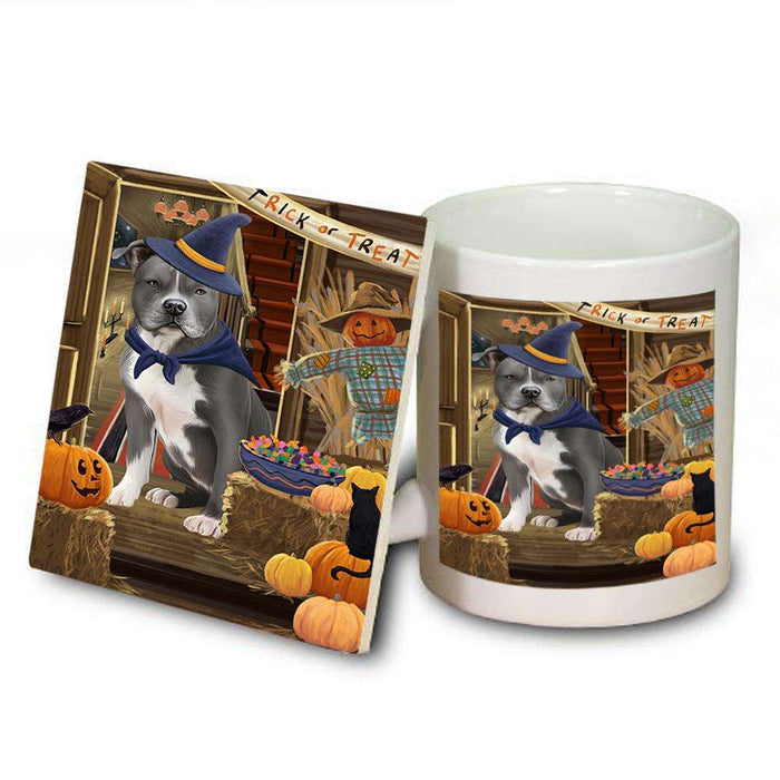 Enter at Own Risk Trick or Treat Halloween American Staffordshire Terrier Dog Mug and Coaster Set MUC52936