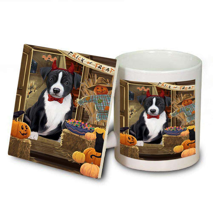Enter at Own Risk Trick or Treat Halloween American Staffordshire Terrier Dog Mug and Coaster Set MUC52939