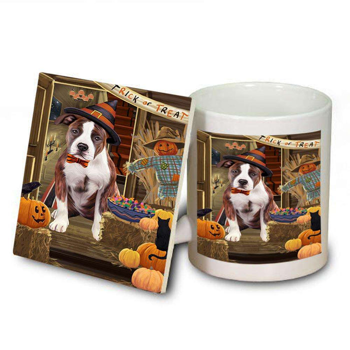 Enter at Own Risk Trick or Treat Halloween American Staffordshire Terrier Dog Mug and Coaster Set MUC52940