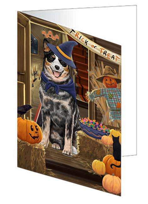 Enter at Own Risk Trick or Treat Halloween Australian Cattle Dog Handmade Artwork Assorted Pets Greeting Cards and Note Cards with Envelopes for All Occasions and Holiday Seasons GCD62891