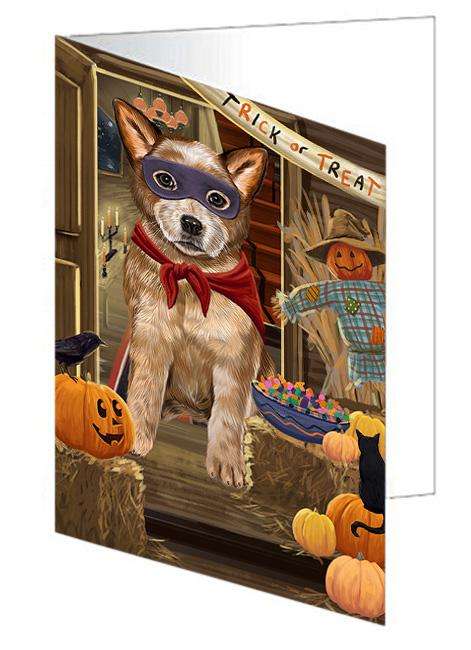 Enter at Own Risk Trick or Treat Halloween Australian Cattle Dog Handmade Artwork Assorted Pets Greeting Cards and Note Cards with Envelopes for All Occasions and Holiday Seasons GCD62894