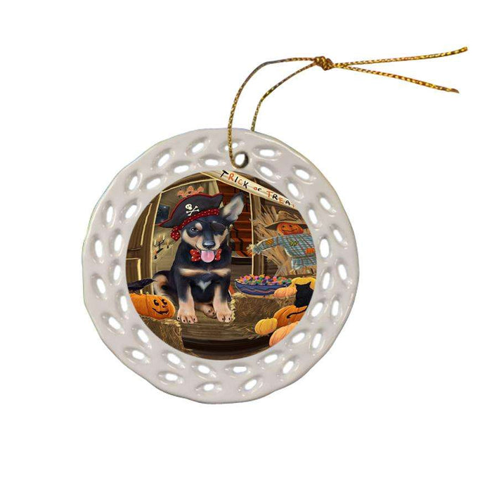 Enter at Own Risk Trick or Treat Halloween Australian Kelpie Dog Ceramic Doily Ornament DPOR52961