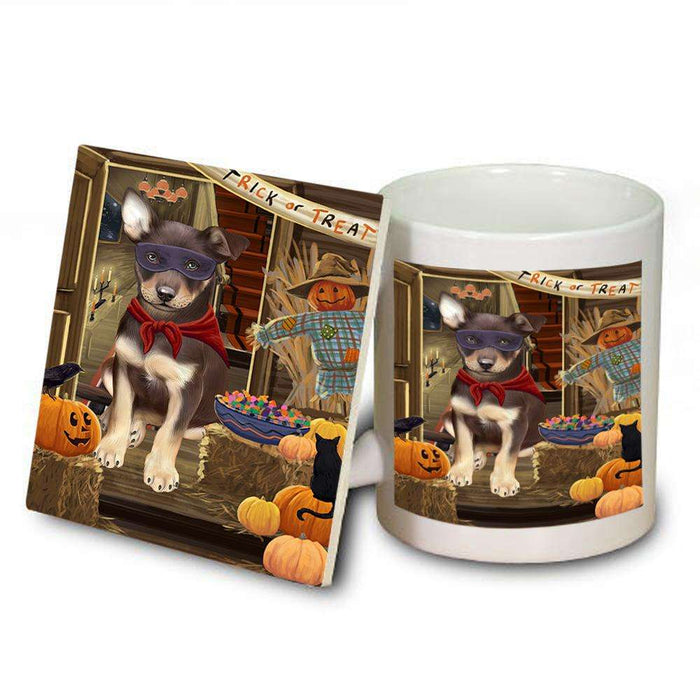 Enter at Own Risk Trick or Treat Halloween Australian Kelpie Dog Mug and Coaster Set MUC52952