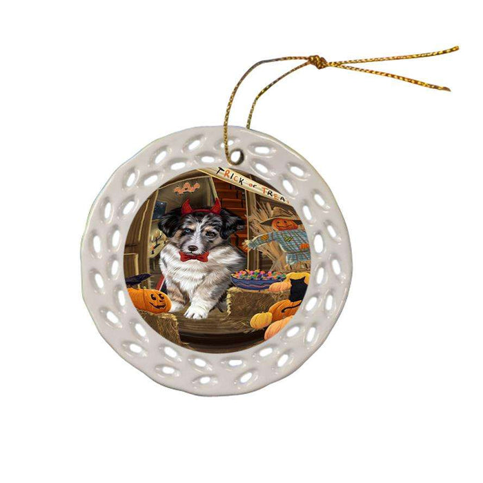 Enter at Own Risk Trick or Treat Halloween Australian Shepherd Dog Ceramic Doily Ornament DPOR52967