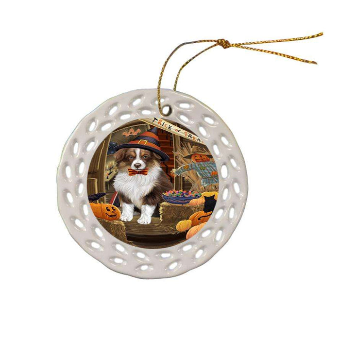 Enter at Own Risk Trick or Treat Halloween Australian Shepherd Dog Ceramic Doily Ornament DPOR52968