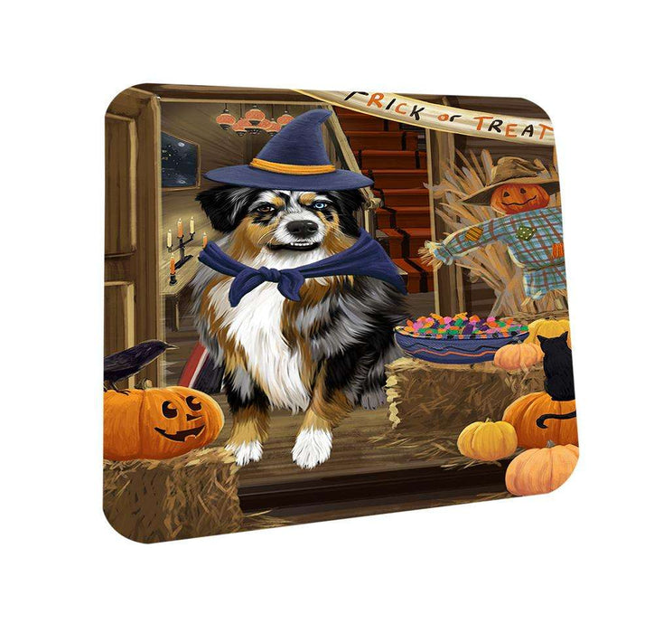 Enter at Own Risk Trick or Treat Halloween Australian Shepherd Dog Coasters Set of 4 CST52923