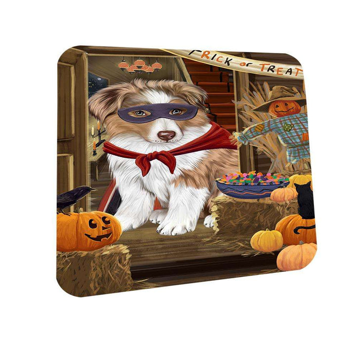 Enter at Own Risk Trick or Treat Halloween Australian Shepherd Dog Coasters Set of 4 CST52924