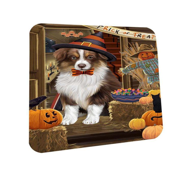 Enter at Own Risk Trick or Treat Halloween Australian Shepherd Dog Coasters Set of 4 CST52927