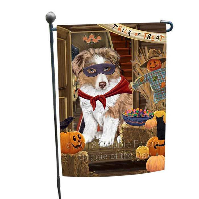 Enter at Own Risk Trick or Treat Halloween Australian Shepherd Dog Garden Flag GFLG53027