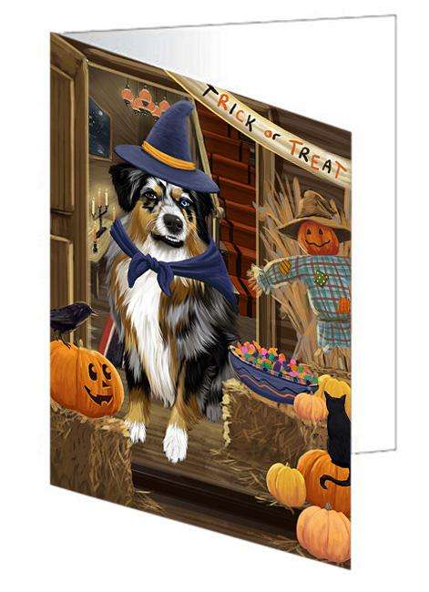 Enter at Own Risk Trick or Treat Halloween Australian Shepherd Dog Handmade Artwork Assorted Pets Greeting Cards and Note Cards with Envelopes for All Occasions and Holiday Seasons GCD62921