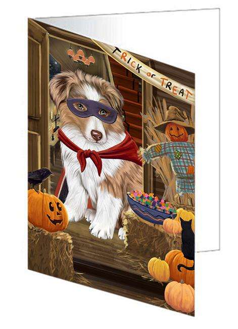 Enter at Own Risk Trick or Treat Halloween Australian Shepherd Dog Handmade Artwork Assorted Pets Greeting Cards and Note Cards with Envelopes for All Occasions and Holiday Seasons GCD62924