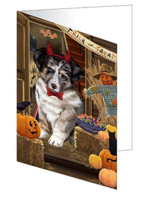 Enter at Own Risk Trick or Treat Halloween Australian Shepherd Dog Handmade Artwork Assorted Pets Greeting Cards and Note Cards with Envelopes for All Occasions and Holiday Seasons GCD62930