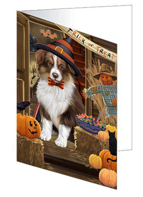 Enter at Own Risk Trick or Treat Halloween Australian Shepherd Dog Handmade Artwork Assorted Pets Greeting Cards and Note Cards with Envelopes for All Occasions and Holiday Seasons GCD62933