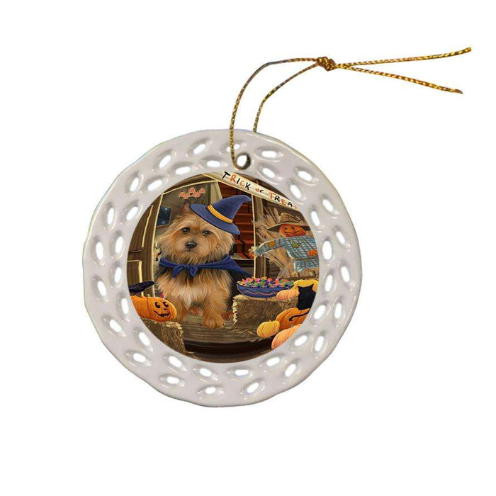 Enter at Own Risk Trick or Treat Halloween Australian Terrier Dog Ceramic Doily Ornament DPOR52969