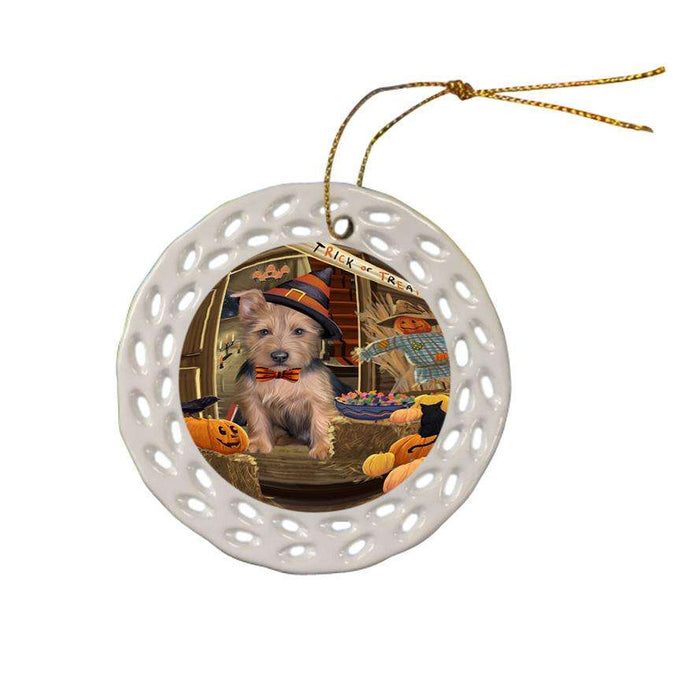 Enter at Own Risk Trick or Treat Halloween Australian Terrier Dog Ceramic Doily Ornament DPOR52973