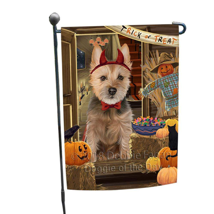 Enter at Own Risk Trick or Treat Halloween Australian Terrier Dog Garden Flag GFLG53034