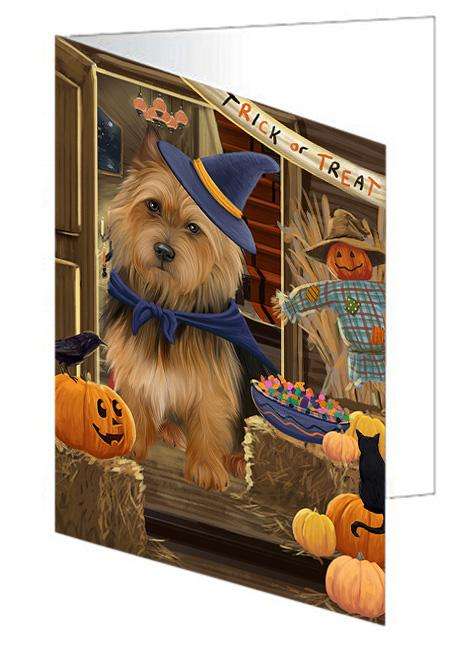 Enter at Own Risk Trick or Treat Halloween Australian Terrier Dog Handmade Artwork Assorted Pets Greeting Cards and Note Cards with Envelopes for All Occasions and Holiday Seasons GCD62936