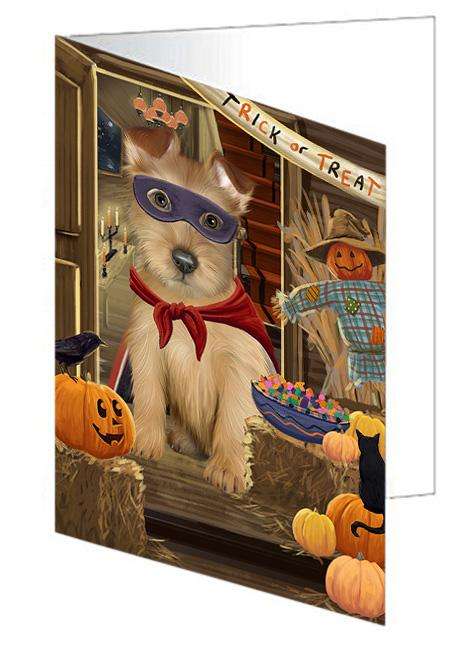 Enter at Own Risk Trick or Treat Halloween Australian Terrier Dog Handmade Artwork Assorted Pets Greeting Cards and Note Cards with Envelopes for All Occasions and Holiday Seasons GCD62939