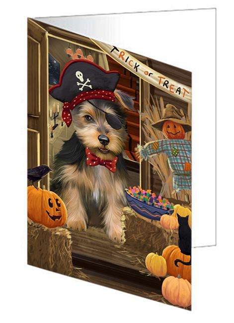 Enter at Own Risk Trick or Treat Halloween Australian Terrier Dog Handmade Artwork Assorted Pets Greeting Cards and Note Cards with Envelopes for All Occasions and Holiday Seasons GCD62942