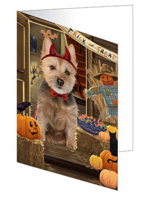 Enter at Own Risk Trick or Treat Halloween Australian Terrier Dog Handmade Artwork Assorted Pets Greeting Cards and Note Cards with Envelopes for All Occasions and Holiday Seasons GCD62945