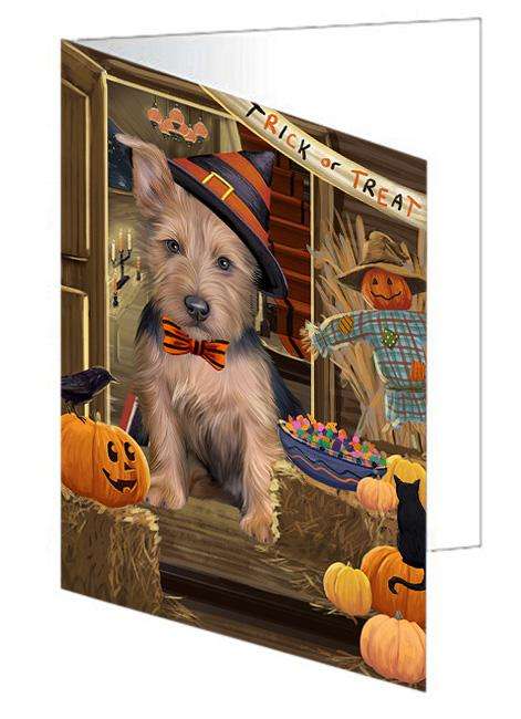 Enter at Own Risk Trick or Treat Halloween Australian Terrier Dog Handmade Artwork Assorted Pets Greeting Cards and Note Cards with Envelopes for All Occasions and Holiday Seasons GCD62948