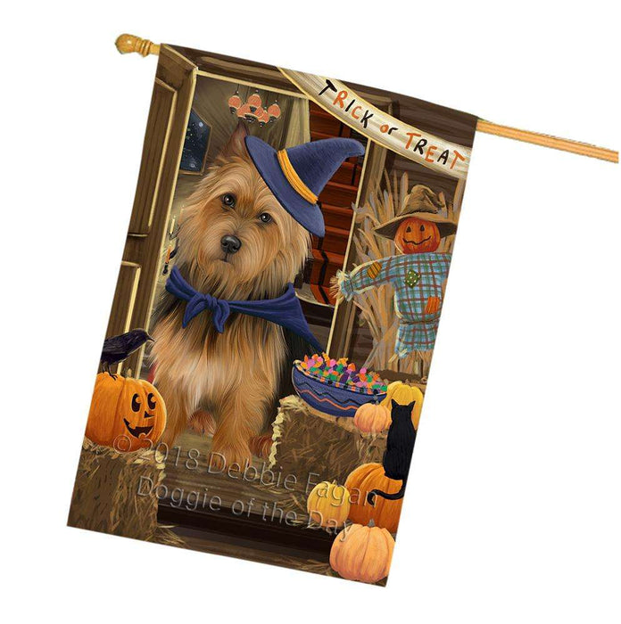 Enter at Own Risk Trick or Treat Halloween Australian Terrier Dog House Flag FLG53167