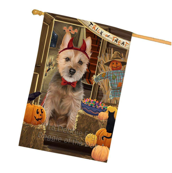 Enter at Own Risk Trick or Treat Halloween Australian Terrier Dog House Flag FLG53170