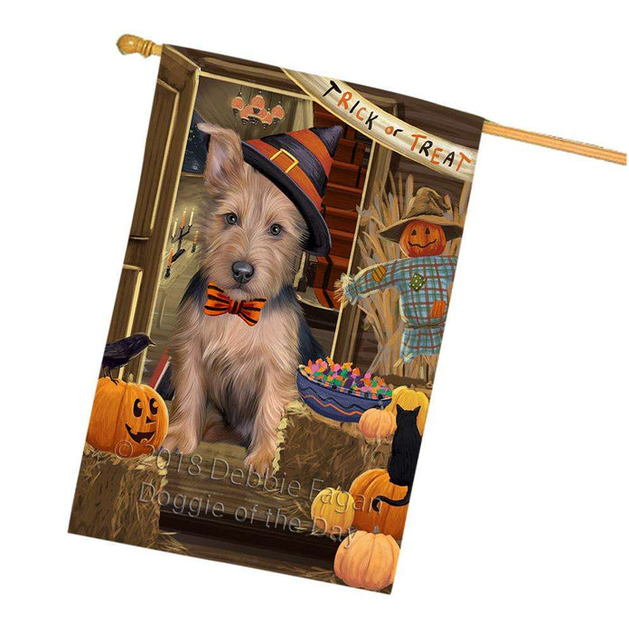 Enter at Own Risk Trick or Treat Halloween Australian Terrier Dog House Flag FLG53171