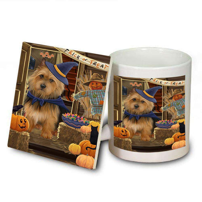 Enter at Own Risk Trick or Treat Halloween Australian Terrier Dog Mug and Coaster Set MUC52961