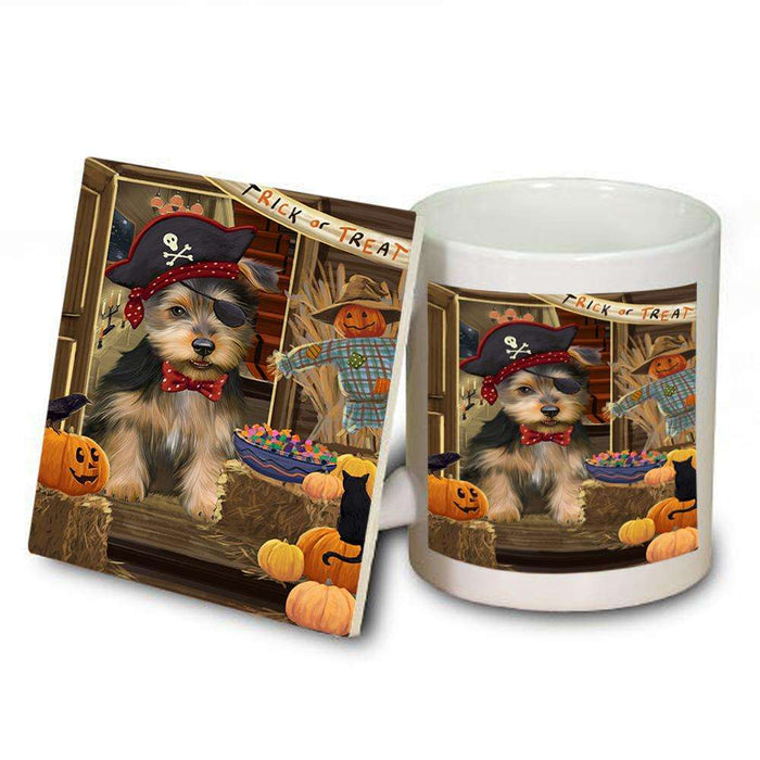 Enter at Own Risk Trick or Treat Halloween Australian Terrier Dog Mug and Coaster Set MUC52963