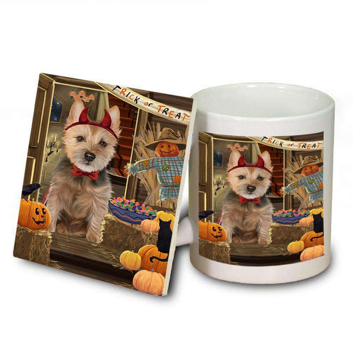 Enter at Own Risk Trick or Treat Halloween Australian Terrier Dog Mug and Coaster Set MUC52964