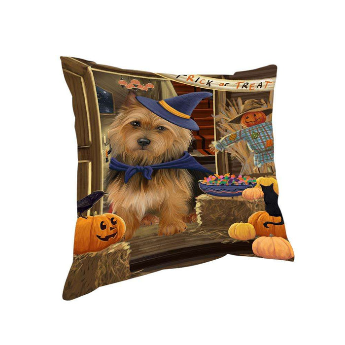 Enter at Own Risk Trick or Treat Halloween Australian Terrier Dog Pillow PIL68384