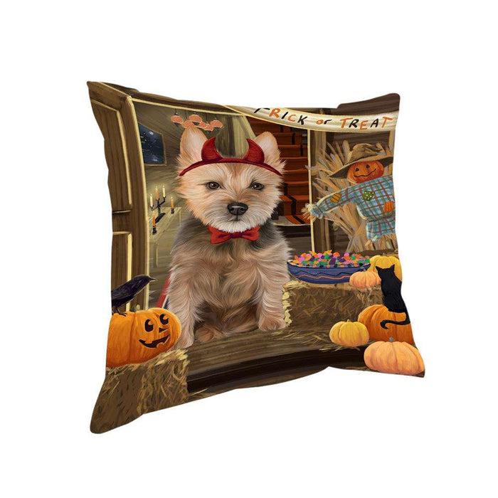 Enter at Own Risk Trick or Treat Halloween Australian Terrier Dog Pillow PIL68396