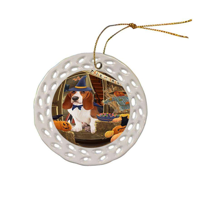 Enter at Own Risk Trick or Treat Halloween Basset Hound Dog Ceramic Doily Ornament DPOR52974