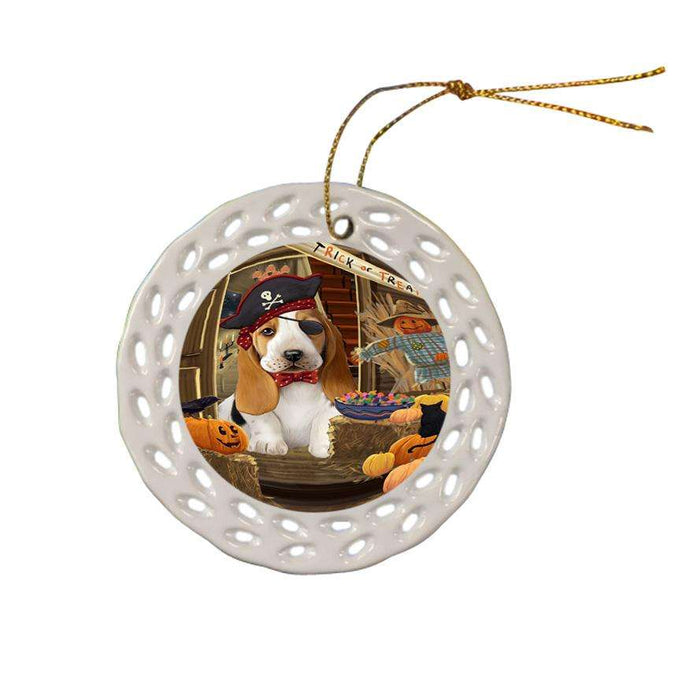 Enter at Own Risk Trick or Treat Halloween Basset Hound Dog Ceramic Doily Ornament DPOR52976