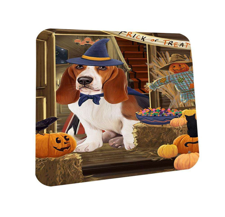 Enter at Own Risk Trick or Treat Halloween Basset Hound Dog Coasters Set of 4 CST52933